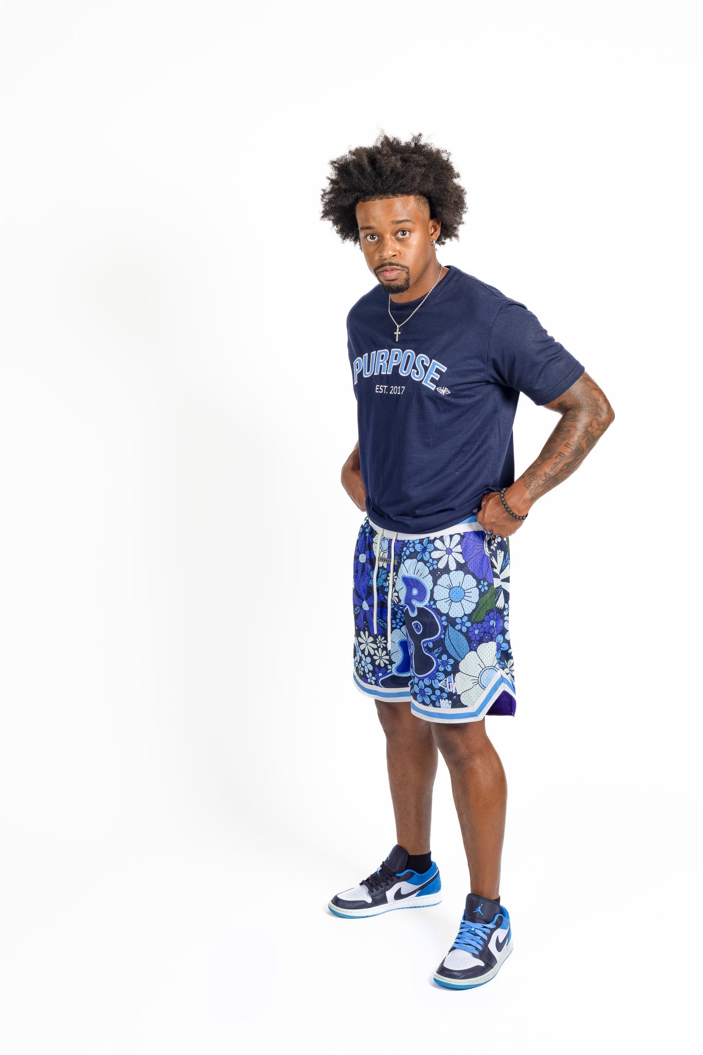 Blue "P" Flower Shorts