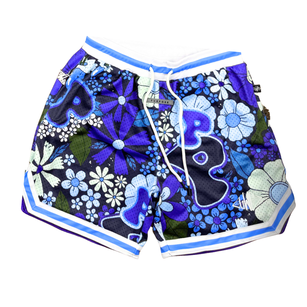 Blue "P" Flower Shorts